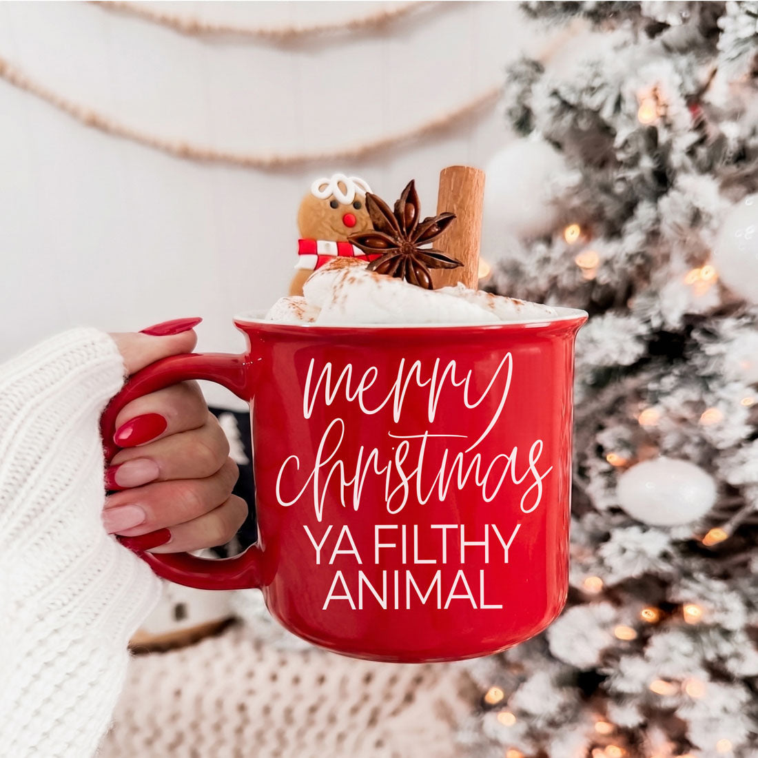 Gia Roma red coffee mug with Merry Christmas Ya Filthy Animal, cream, cinnamon stick on Tampa Home & Garden Store