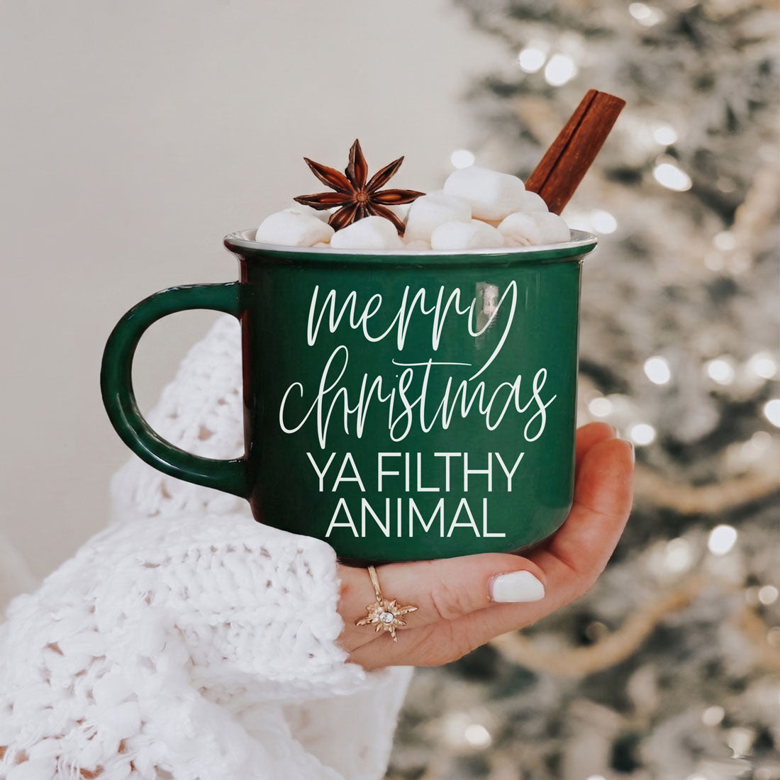 Ya Filthy Animal mug by Gia Roma in green ceramic with marshmallows & cinnamon stick on Tampa Home & Garden Store