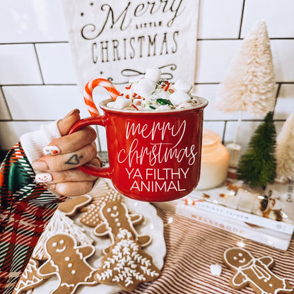 Ya Filthy Animal red ceramic mug with white script merry christmas topped with marshmallows on Tampa Home & Garden Store