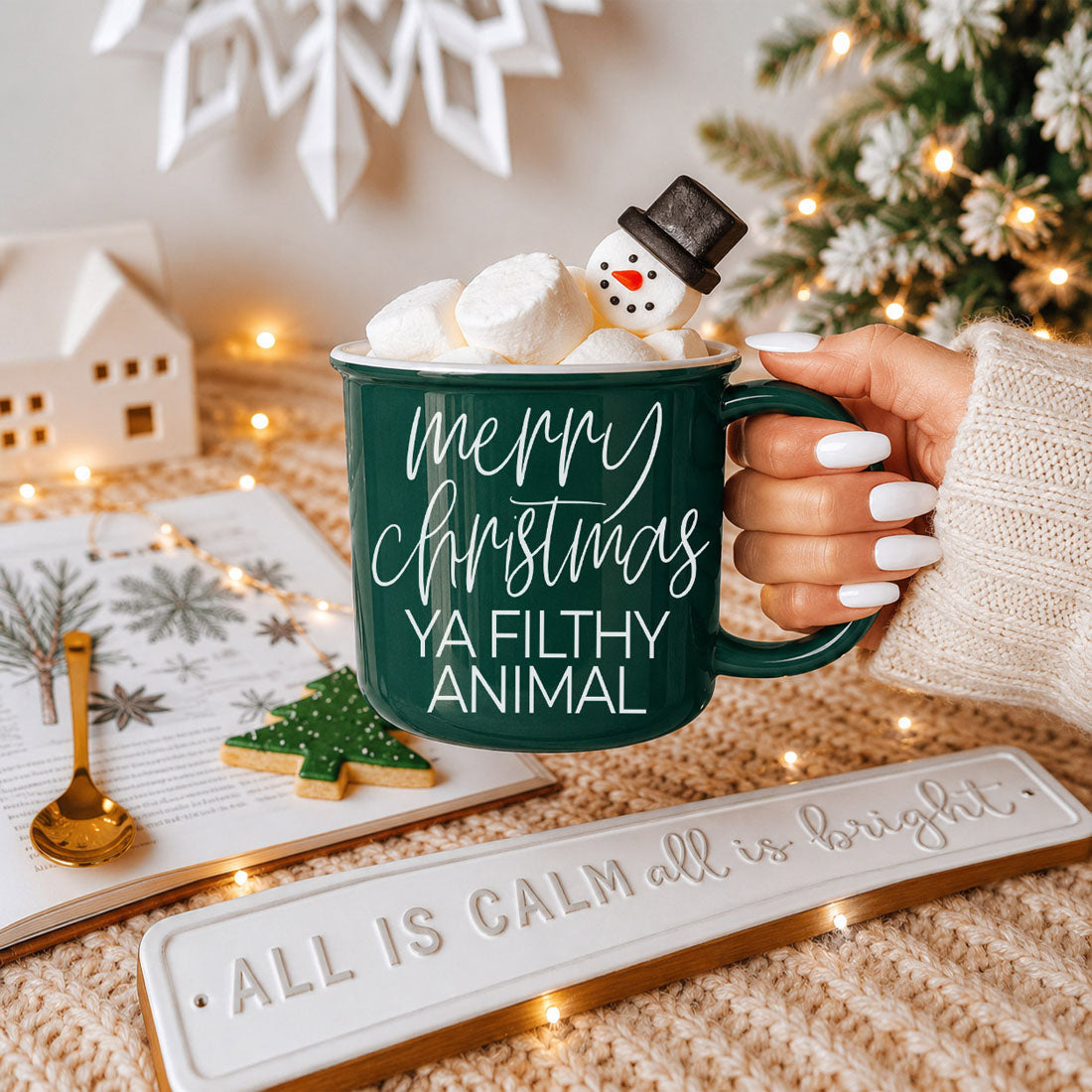 Ya Filthy Animal coffee mug by Gia Roma, green ceramic mug with white script, marshmallows on Tampa Home & Garden Store