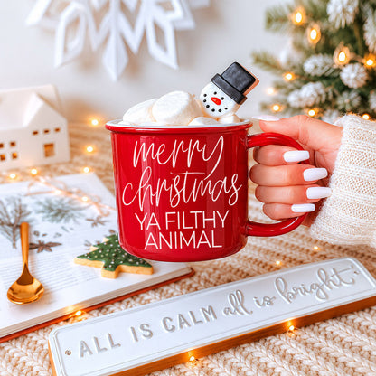 Ya Filthy Animal coffee mug by Gia Roma, red ceramic mug with white Merry Christmas text on Tampa Home & Garden Store