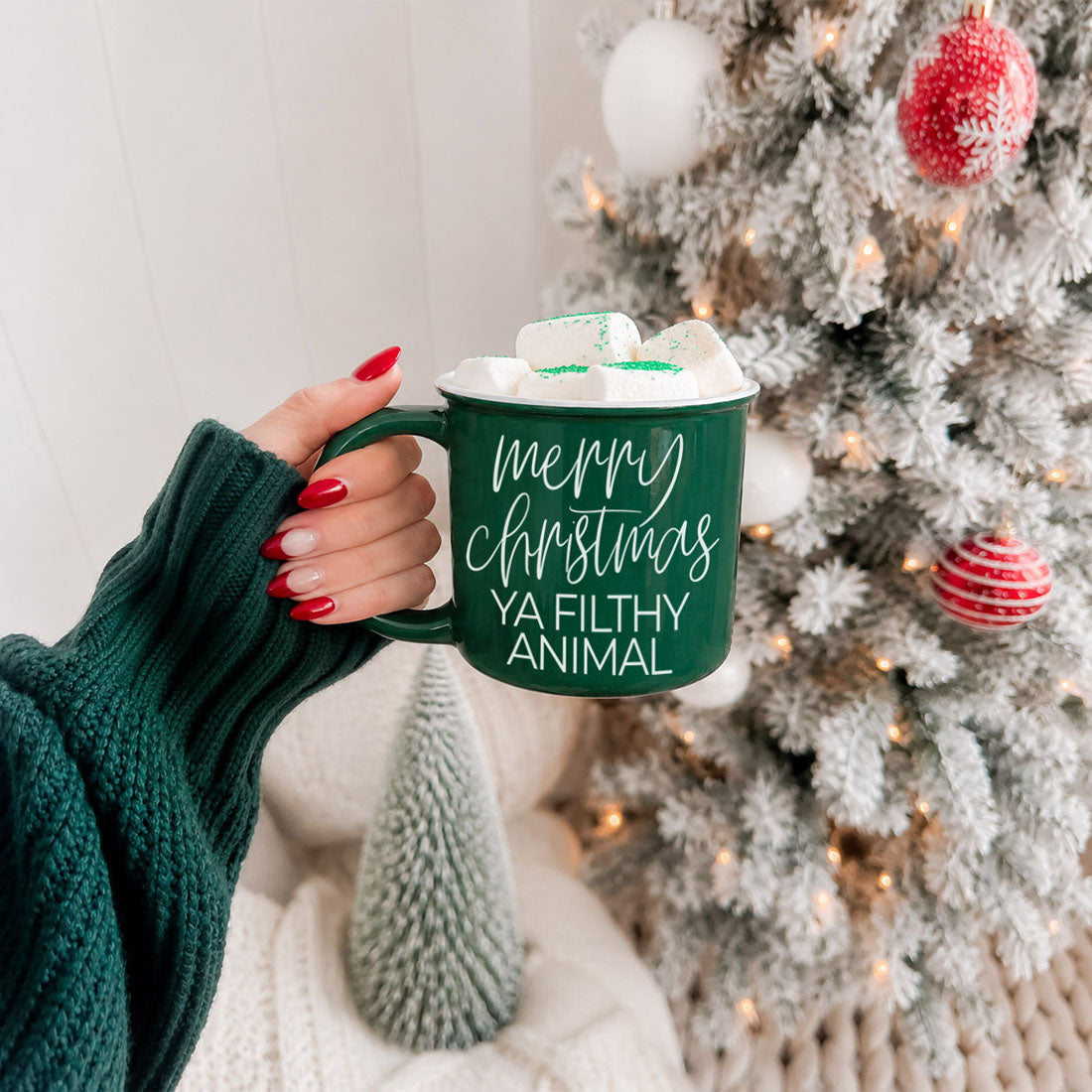 Ya Filthy Animal green ceramic coffee mug by Gia Roma filled with marshmallows on Tampa Home & Garden Store