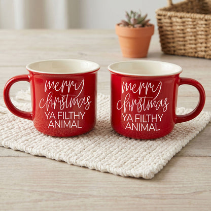 Pair of Gia Roma Ya Filthy Animal mugs, red ceramic coffee mugs with white interiors on Tampa Home & Garden Store