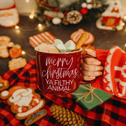 Ya Filthy Animal coffee mug by Gia Roma, red ceramic mug with white script, marshmallows on Tampa Home & Garden Store