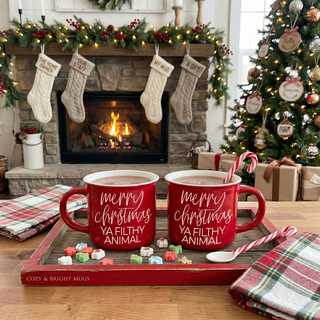 Gia Roma Ya Filthy Animal mug set, two red ceramic mugs with white script and candy canes on Tampa Home & Garden Store