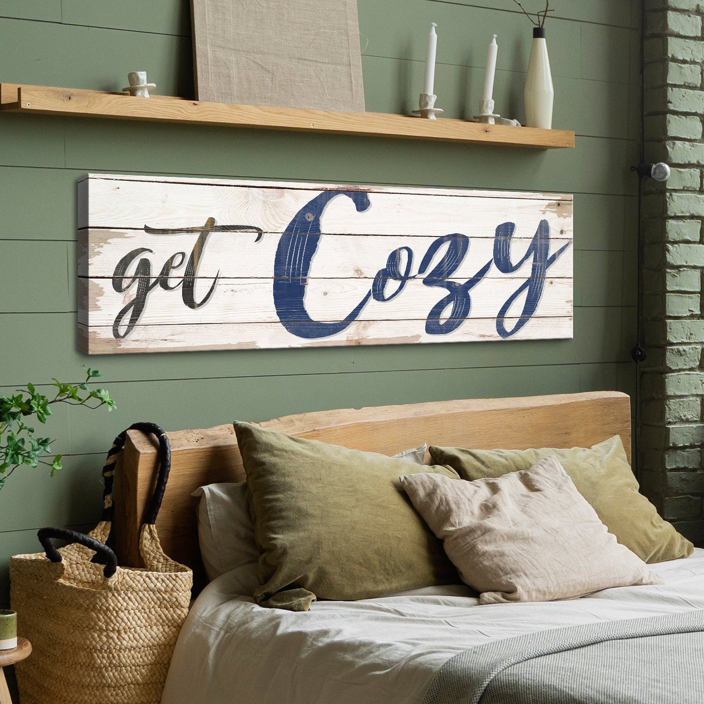 Get Cozy Sign II canvas by Tailored Canvases with whitewashed planks and navy script on Tampa Home & Garden Store