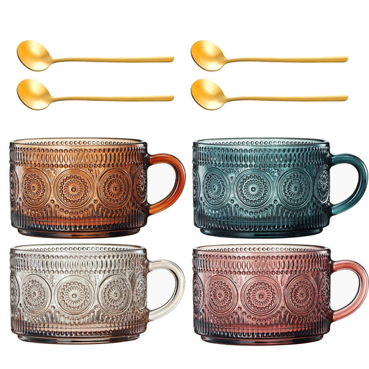 Tonal Hobnail Glass Mugs and Gold Spoons Set of 4