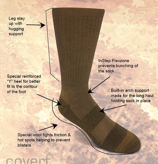 FIRE Sock brown crew military sock with arch support and Y heel by Covert Threads on Tampa Home & Garden Store