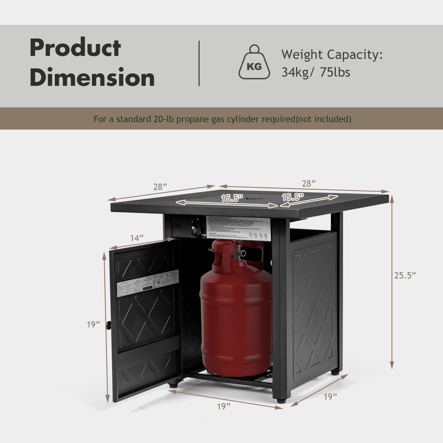 Chimenea cuadrada de gas para patio de propano de 28 pulgadas y 50 000 BTU con roca volcánica - Negro