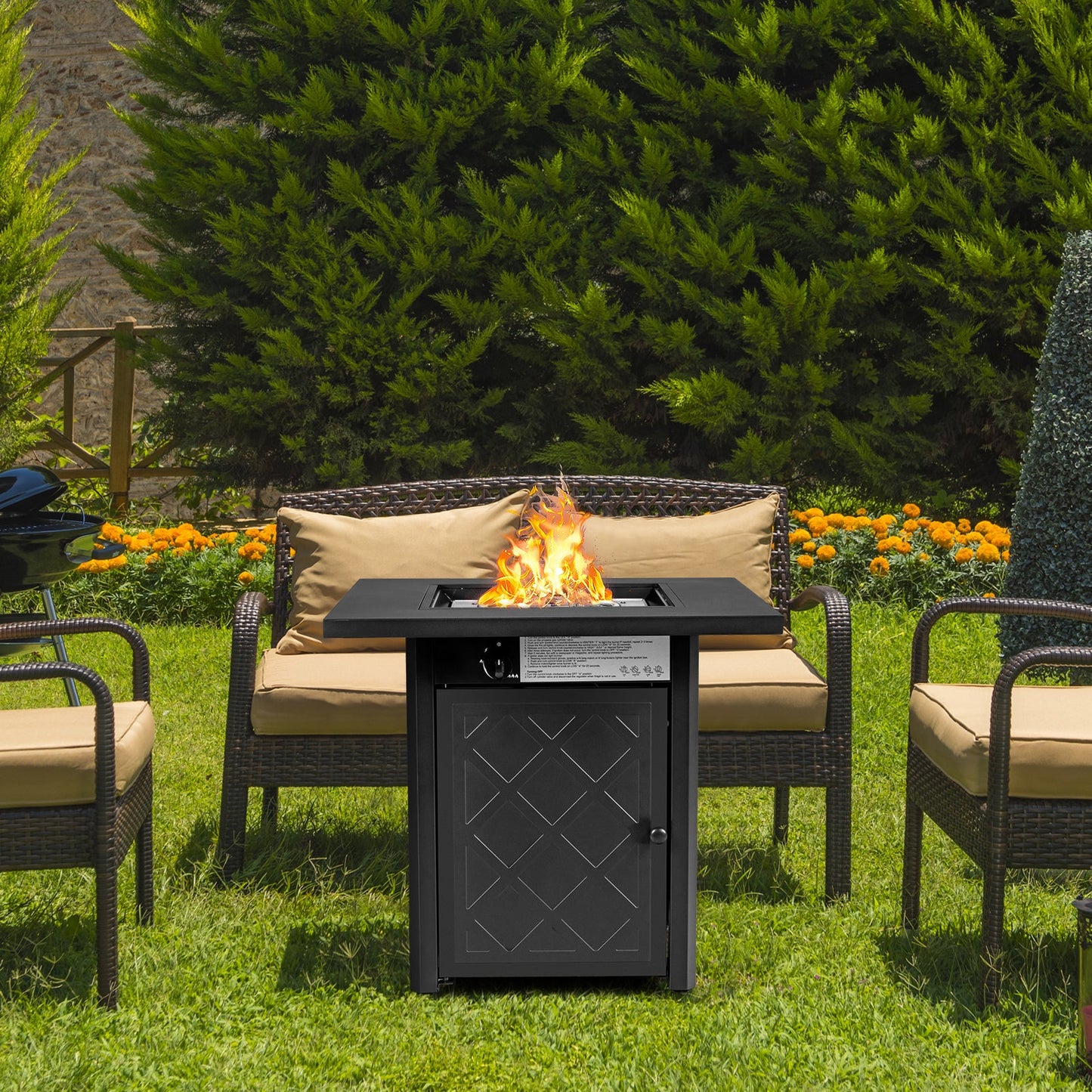 Chimenea cuadrada de gas para patio de propano de 28 pulgadas y 50 000 BTU con roca volcánica - Negro