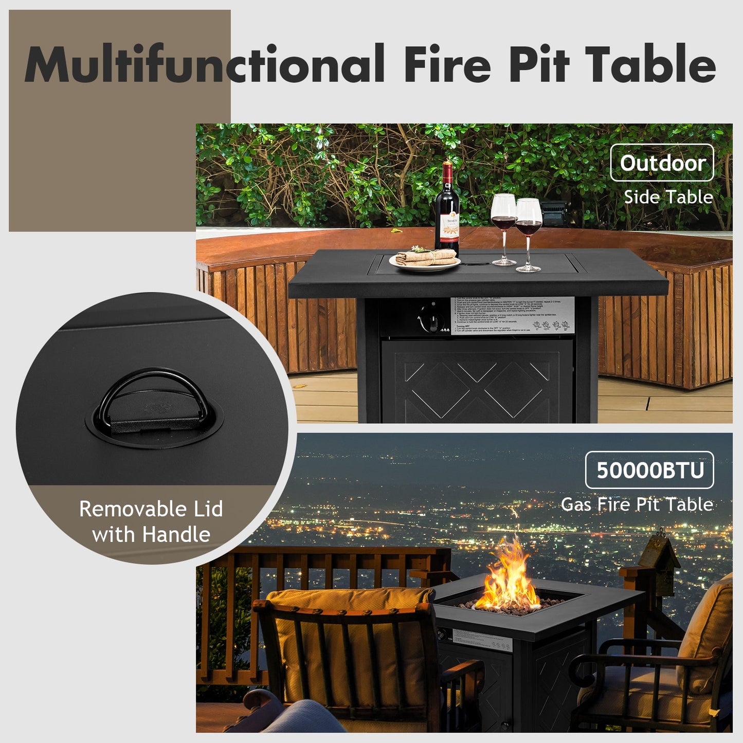 Chimenea cuadrada de gas para patio de propano de 28 pulgadas y 50 000 BTU con roca volcánica - Negro
