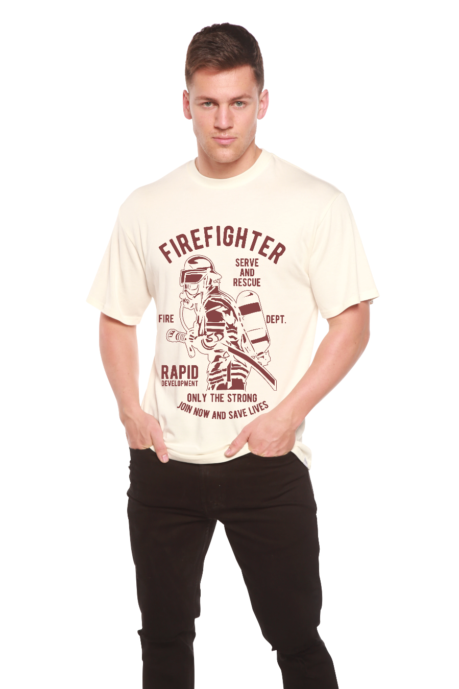 Firefighter Dept men's bamboo T-shirt with maroon firefighter graphic, Spun Bamboo on Tampa Home & Garden Store