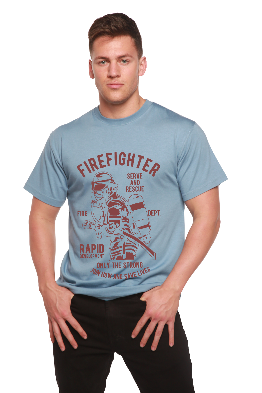 Firefighter Dept men's bamboo tee in light blue with red firefighter by Spun Bamboo on Tampa Home & Garden Store