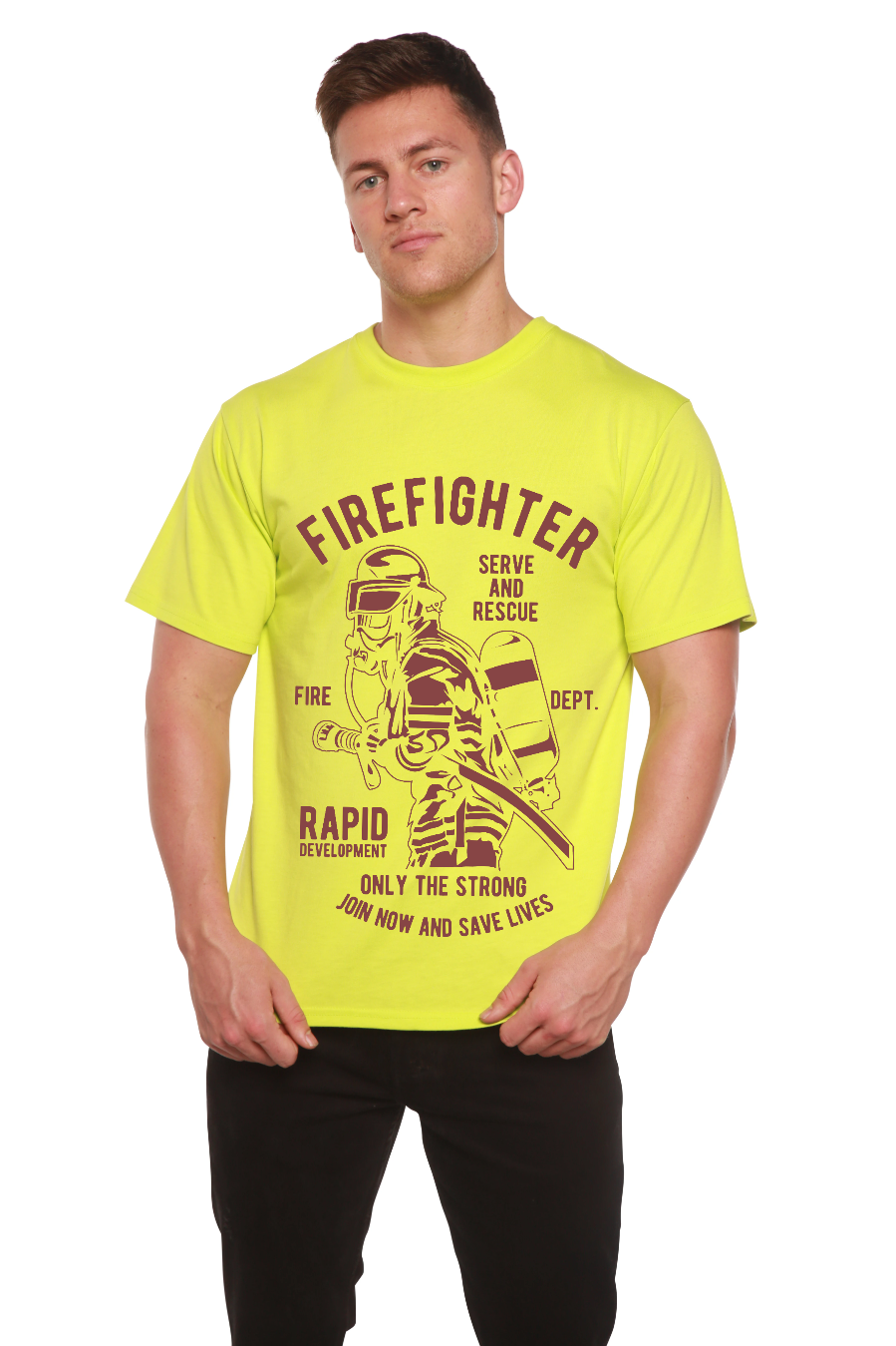 Firefighter Dept men's neon-yellow bamboo T-shirt with maroon firefighter graphic Spun Bamboo on Tampa Home & Garden Store