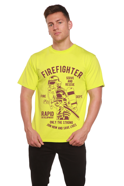 Firefighter Dept men's neon-yellow bamboo T-shirt with maroon firefighter graphic Spun Bamboo on Tampa Home & Garden Store