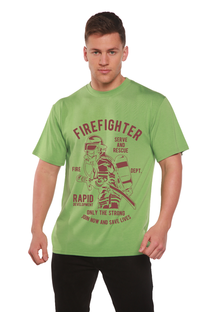 Men's Spun Bamboo firefighter graphic T-shirt in green with red print on Tampa Home & Garden Store