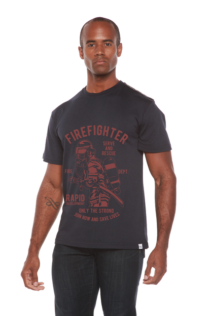 Men's short-sleeve firefighter graphic t-shirt in dark navy with red print by Spun Bamboo on Tampa Home & Garden Store