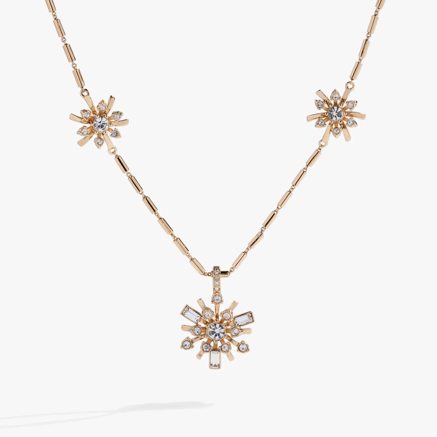 Festive Sparkle Inline Pendant Necklace gold-tone with dual crystal sunburst pendants on Tampa Home & Garden Store