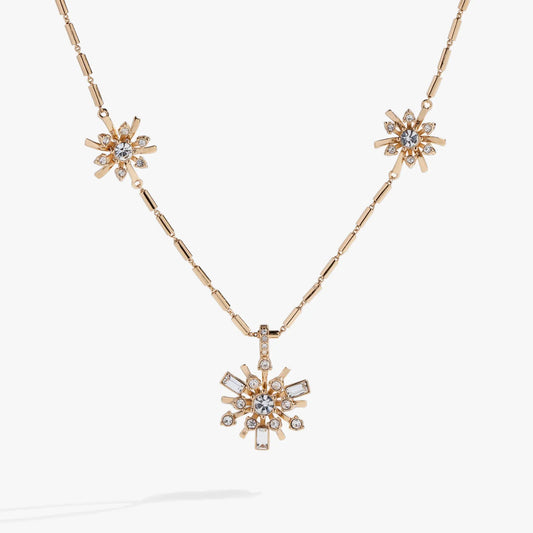 Festive Sparkle Inline Pendant Necklace gold-tone with dual crystal sunburst pendants on Tampa Home & Garden Store