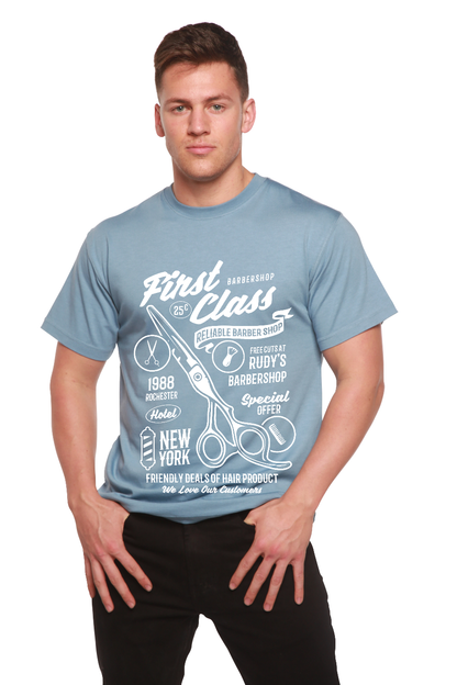 First Class Barber men's graphic T-shirt by Spun Bamboo bamboo viscose/organic cotton light blue on Tampa Home & Garden Store