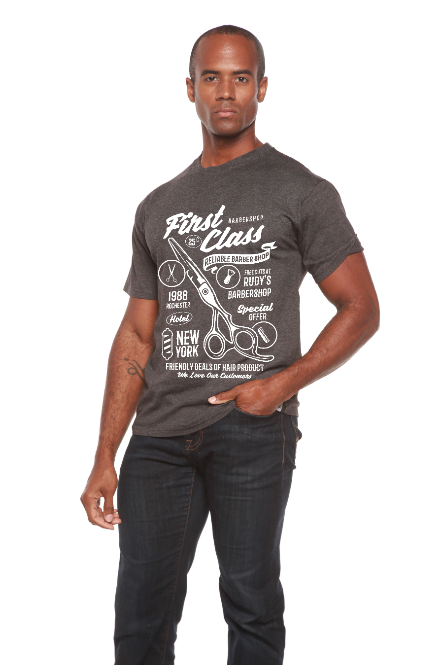 First Class Barber men's bamboo viscose/organic cotton T-shirt charcoal barber print Spun Bamboo on Tampa Home & Garden Store