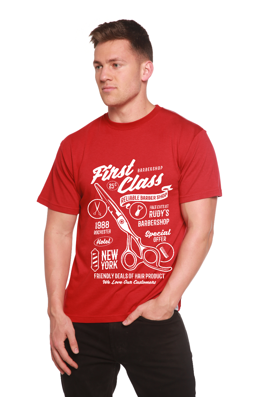 First Class Barber men's red graphic t-shirt by Spun Bamboo, viscose/organic cotton blend on Tampa Home & Garden Store