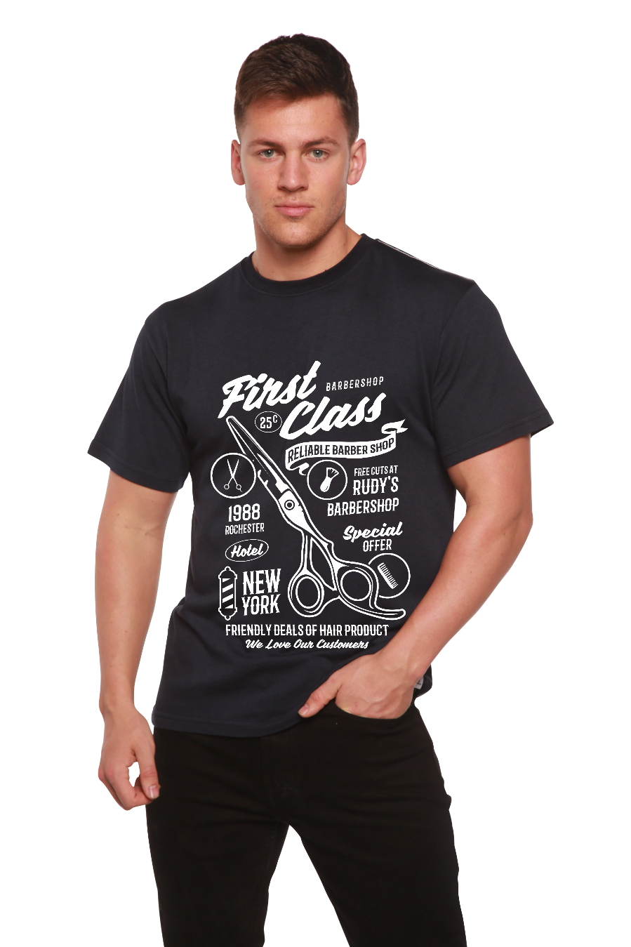 First Class Barber graphic T-shirt, black short sleeve with barber design on Tampa Home & Garden Store