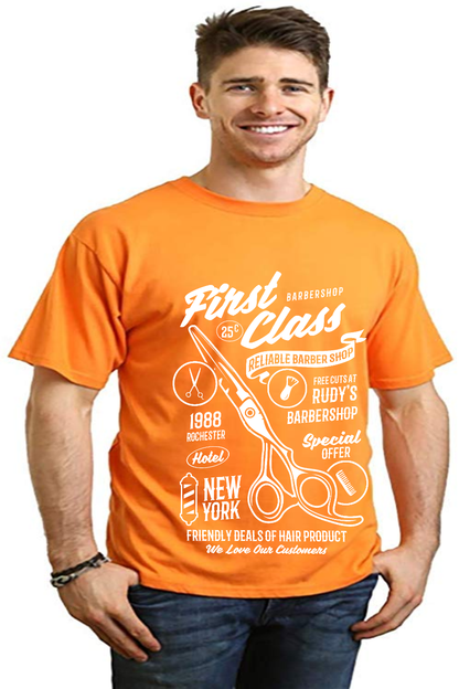 First Class Barber men's orange T-shirt by Spun Bamboo bamboo viscose/organic cotton on Tampa Home & Garden Store