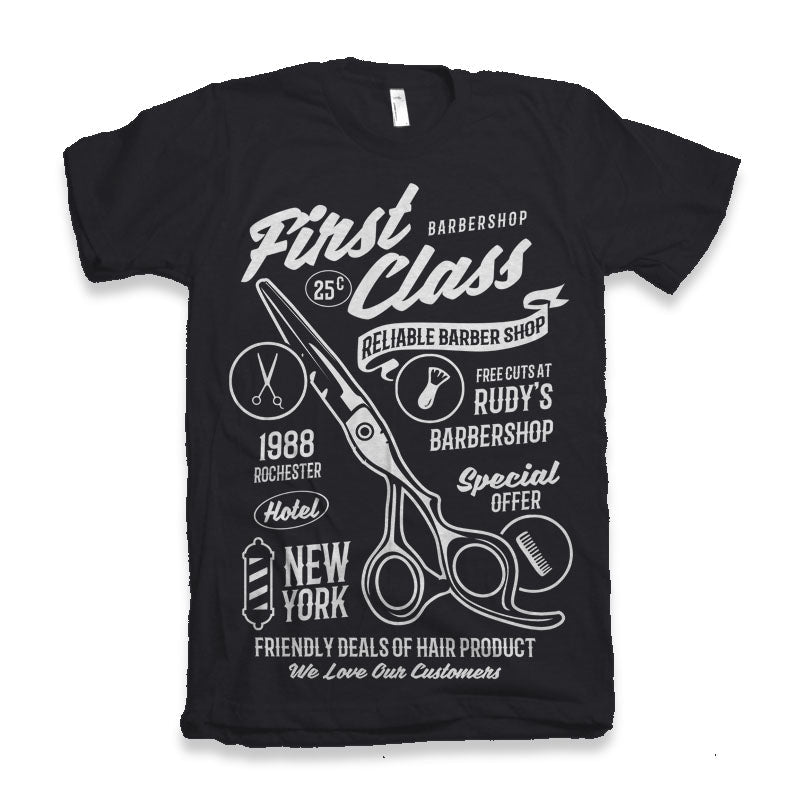 First Class Barber men's graphic T-shirt in black by Spun Bamboo with white barber print scissors on Tampa Home & Garden Store