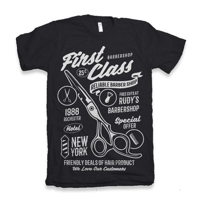 First Class Barber men's graphic T-shirt in black by Spun Bamboo with white barber print scissors on Tampa Home & Garden Store