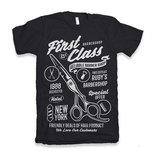 First Class Barber men's graphic T-shirt in black by Spun Bamboo with white barber print scissors on Tampa Home & Garden Store