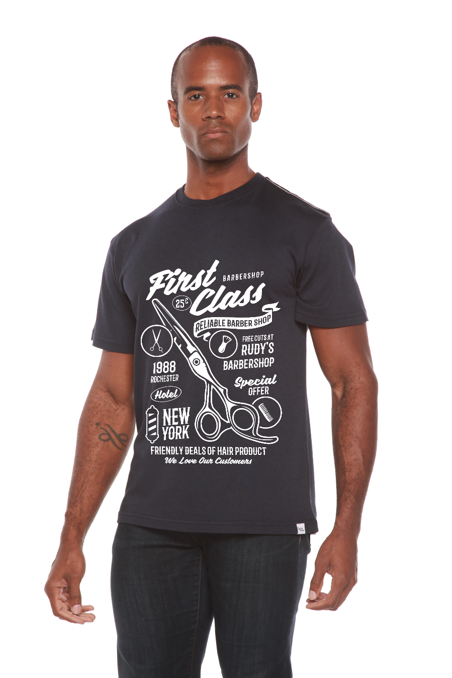 First Class Barber graphic tee, bamboo viscose/organic cotton, black with white print on Tampa Home & Garden Store