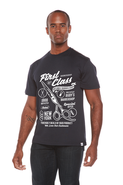 First Class Barber graphic tee, bamboo viscose/organic cotton, black with white print on Tampa Home & Garden Store