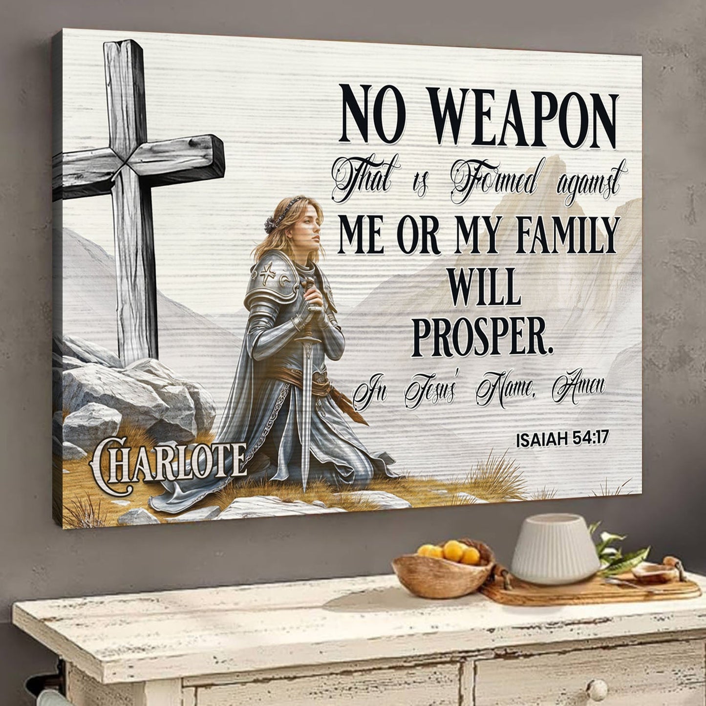 Canvas print No Weapon That Is Formed Against You Will Prosper Isaiah 54:17 with armored knight on Tampa Home & Garden Store
