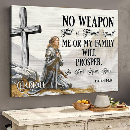 Canvas print No Weapon That Is Formed Against You Will Prosper Isaiah 54:17 with armored knight on Tampa Home & Garden Store