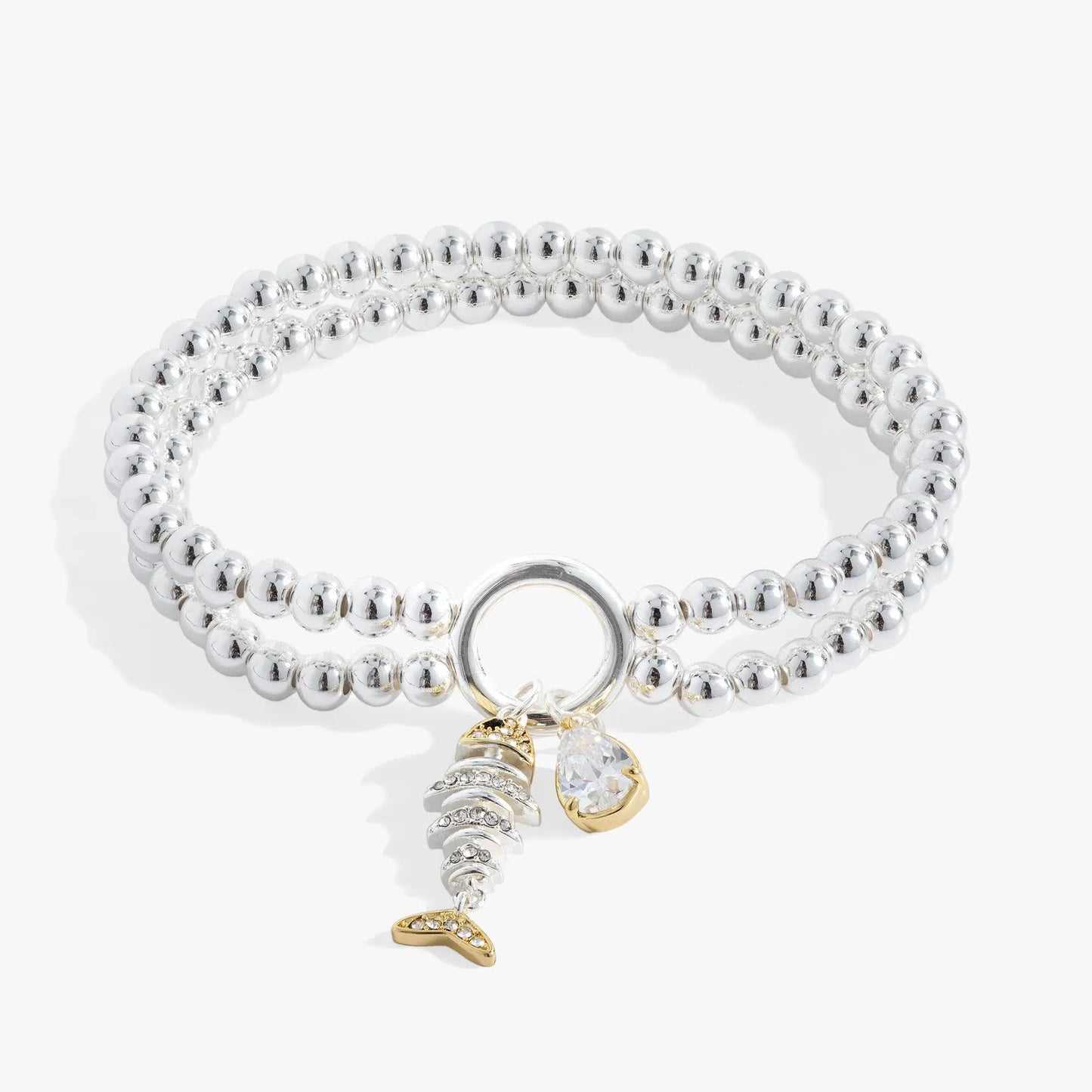 Fishbone Double Stretch Bracelet by ALEX AND ANI in silver-tone beads with crystal charm on Tampa Home & Garden Store