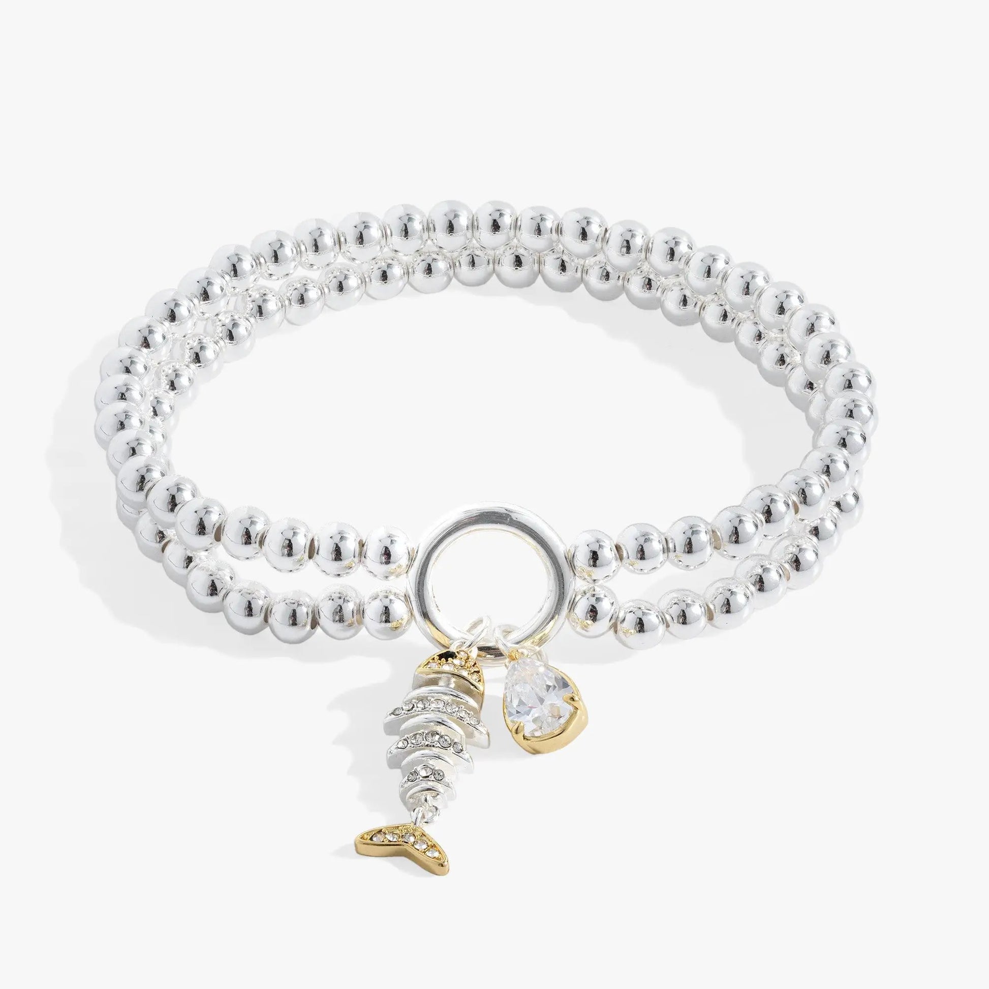 Fishbone Double Stretch Bracelet by ALEX AND ANI in silver-tone beads with crystal charm on Tampa Home & Garden Store