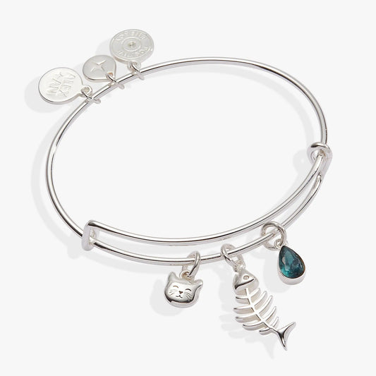 Alex and Ani Fish Bone Cat Bangle bracelet with cat and fishbone charms and blue teardrop charm on Tampa Home & Garden Store