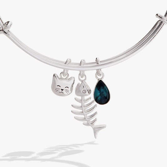 Fish Bone Cat Bangle by Alex and Ani with cat charm, leaf charm and blue teardrop gem on Tampa Home & Garden Store