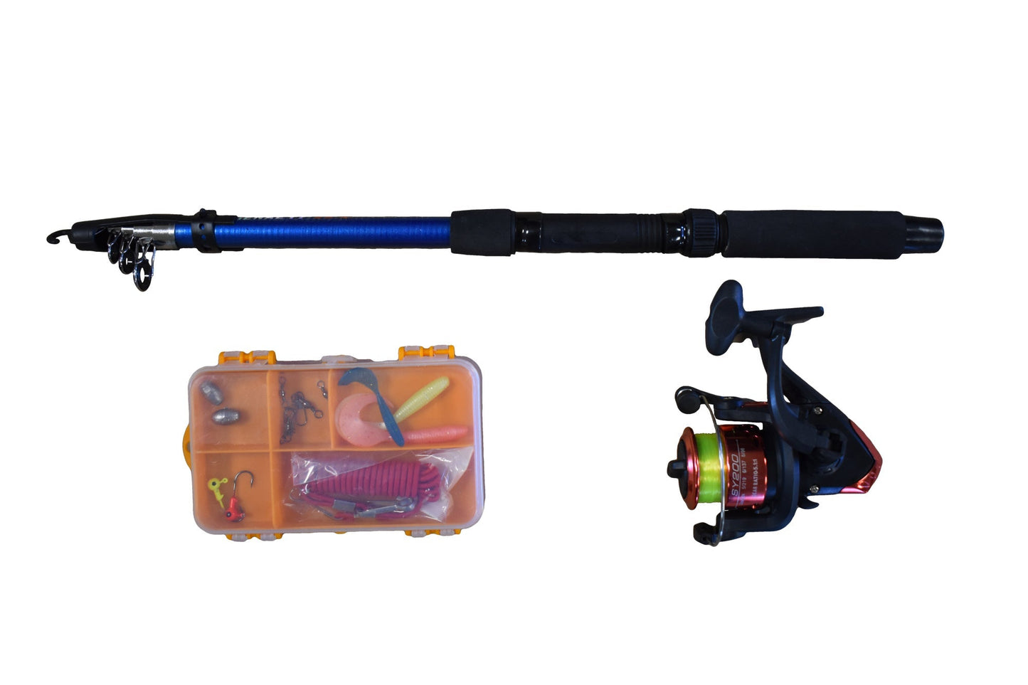 Fishing kit River Country Gear blue rod, black grip, spinning reel, includes tackle box on Tampa Home & Garden Store