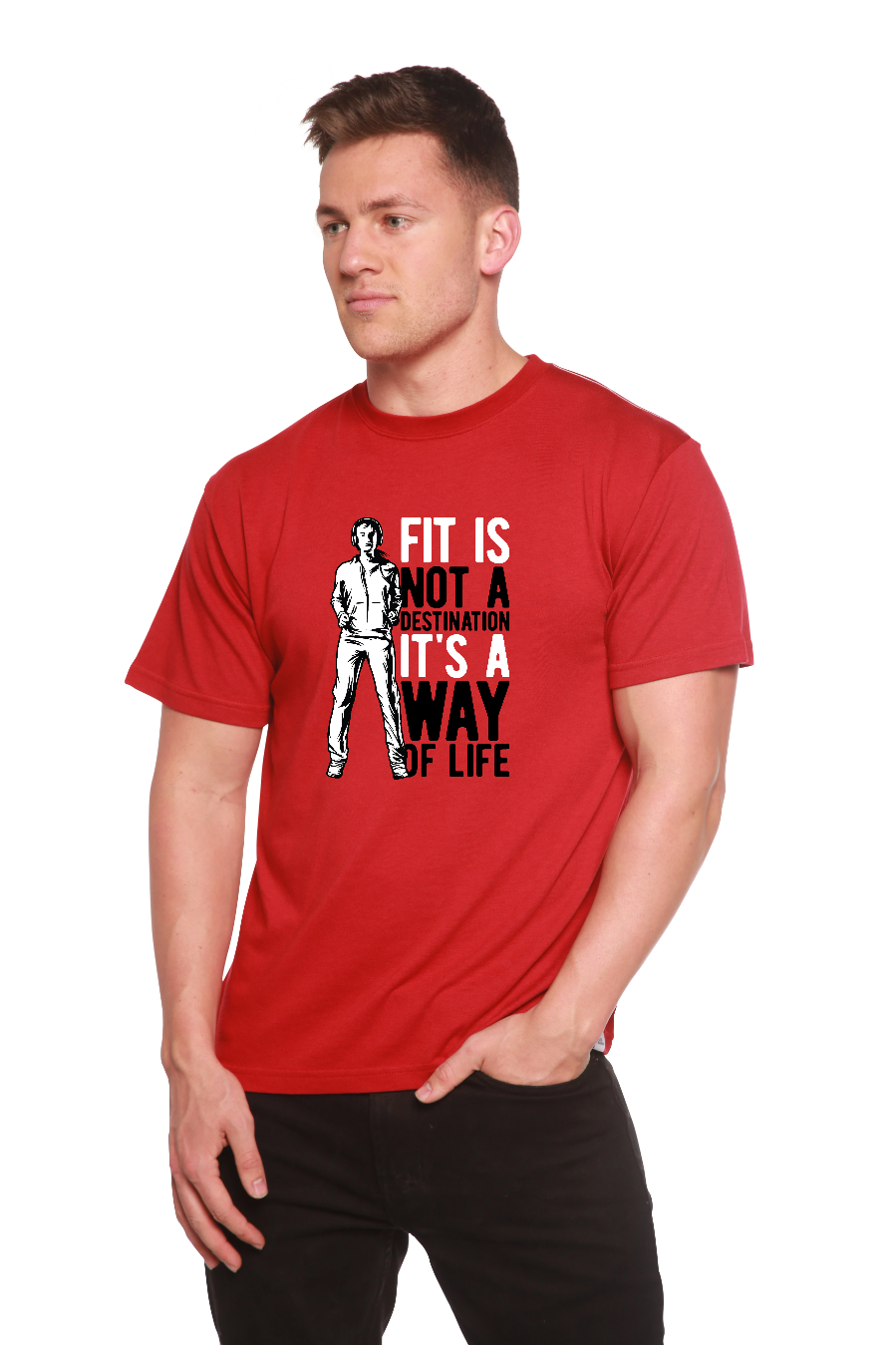 Men's red short sleeve graphic T-shirt with bold black-and-white print and motivational slogan on Tampa Home & Garden Store