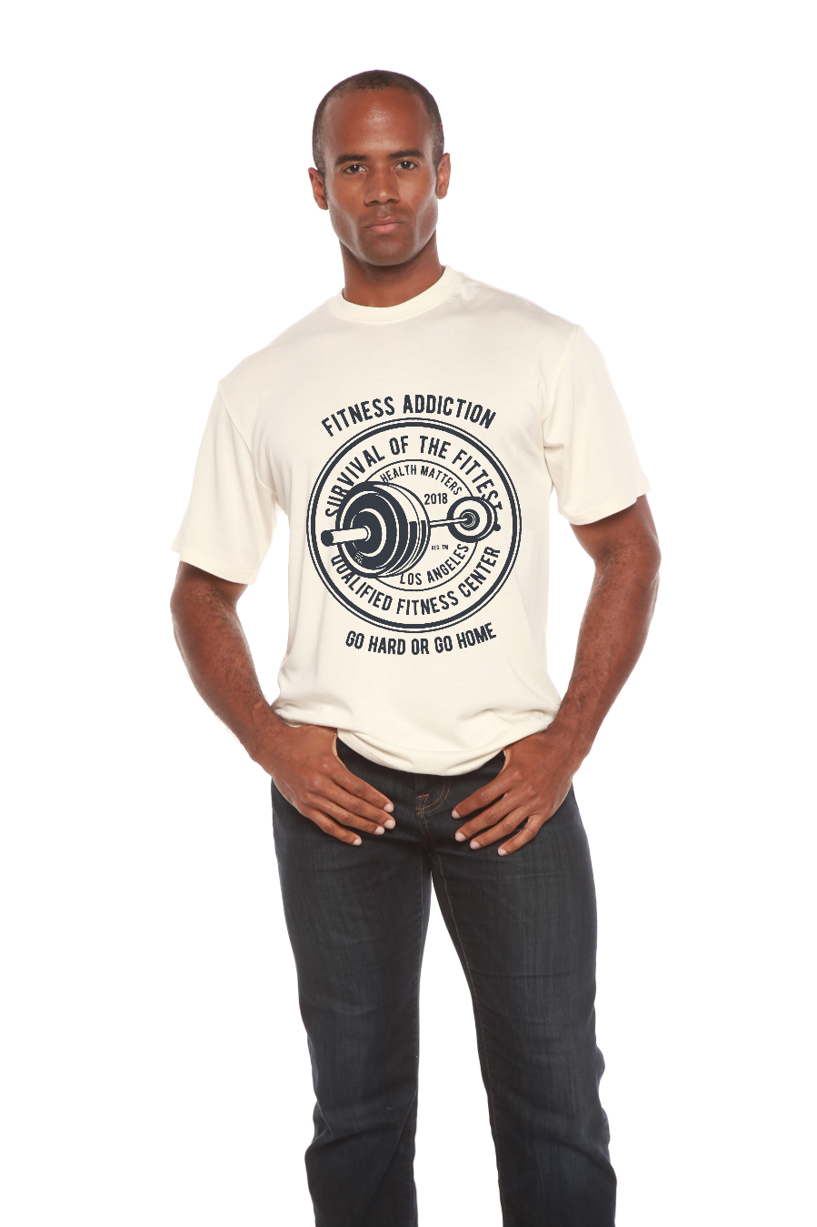 Fitness Addiction men's bamboo viscose/organic cotton short sleeve tee ivory print on Tampa Home & Garden Store