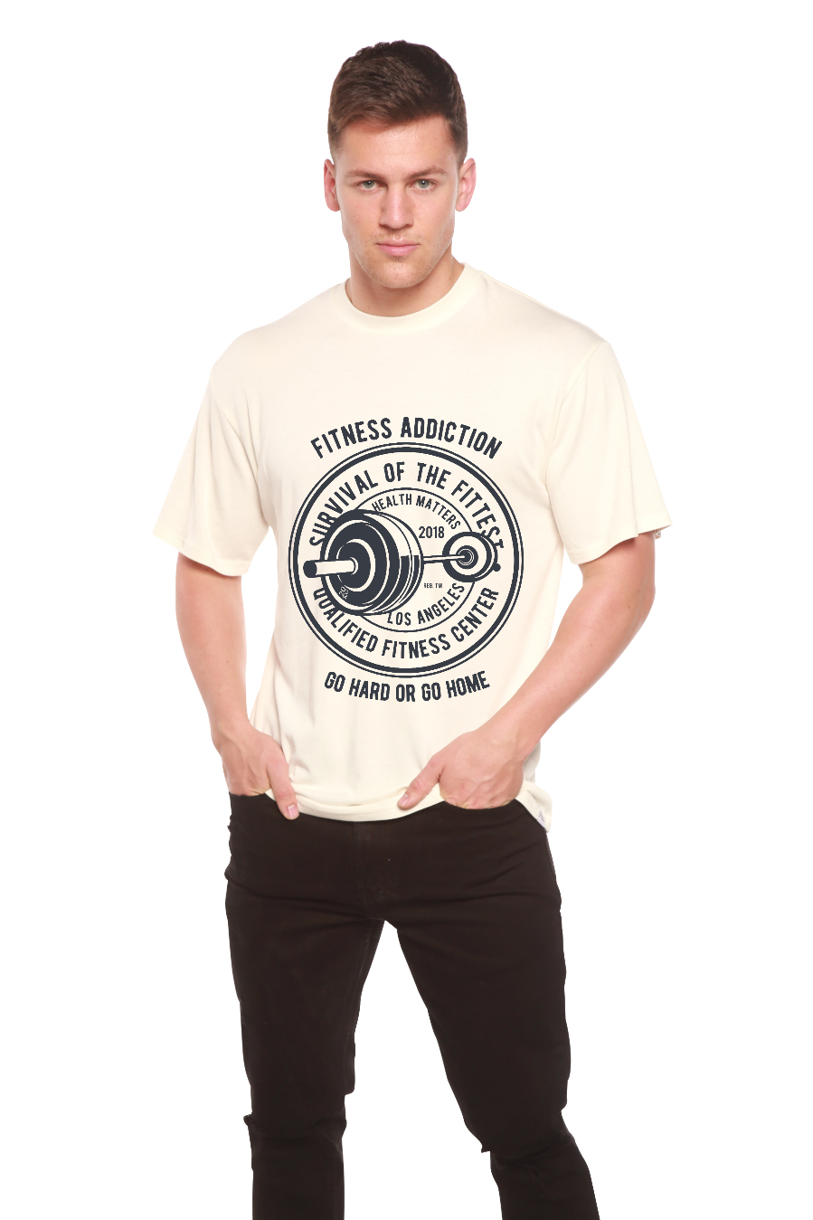 Mens cream graphic tee by Spun Bamboo with circular fitness print on Tampa Home & Garden Store