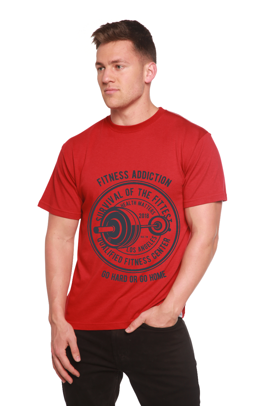 Fitness Addiction red bamboo T-shirt with navy circular barbell graphic by Spun Bamboo on Tampa Home & Garden Store