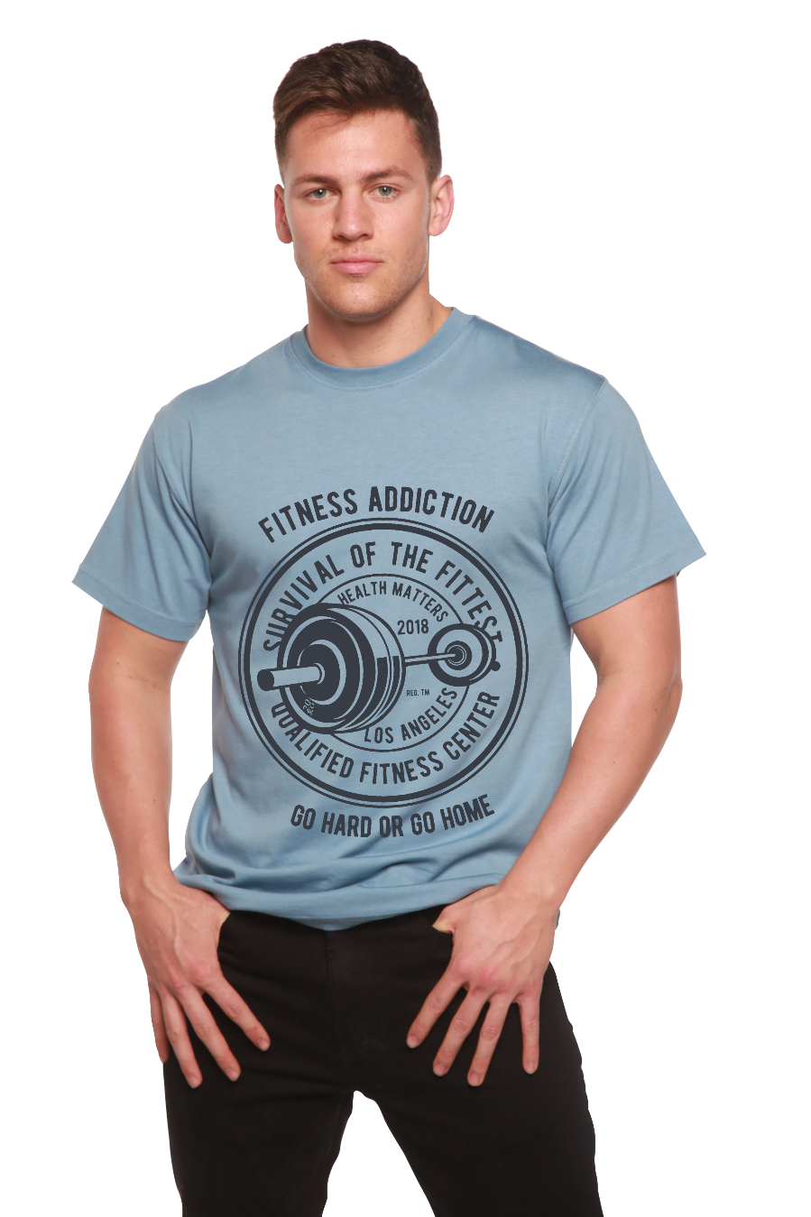 Men's blue graphic T-shirt by Spun Bamboo in bamboo viscose blend with weightlifting logo on Tampa Home & Garden Store