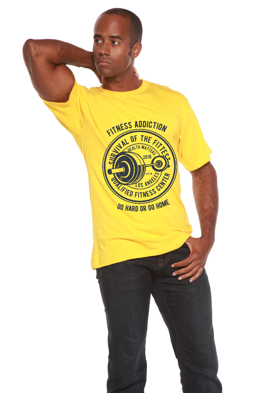 Men's yellow graphic T-shirt with black weight plate circle logo Fitness Addiction, short sleeve on Tampa Home & Garden Store
