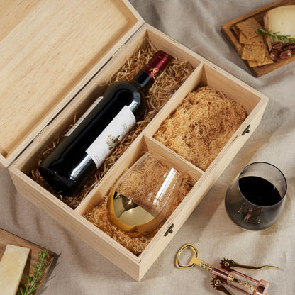Wooden Wine Gift Box with Two Stemless Glasses