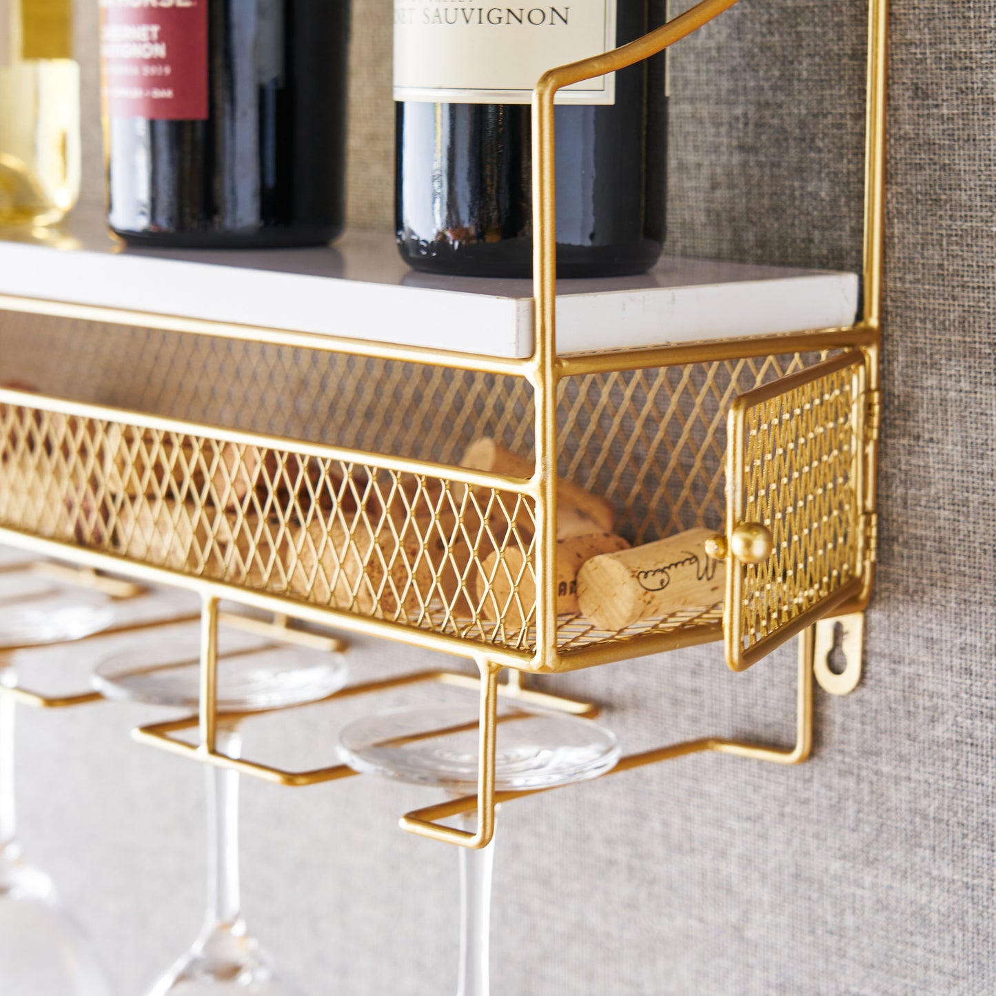Gold Wall Mounted Wine Rack and Cork Storage