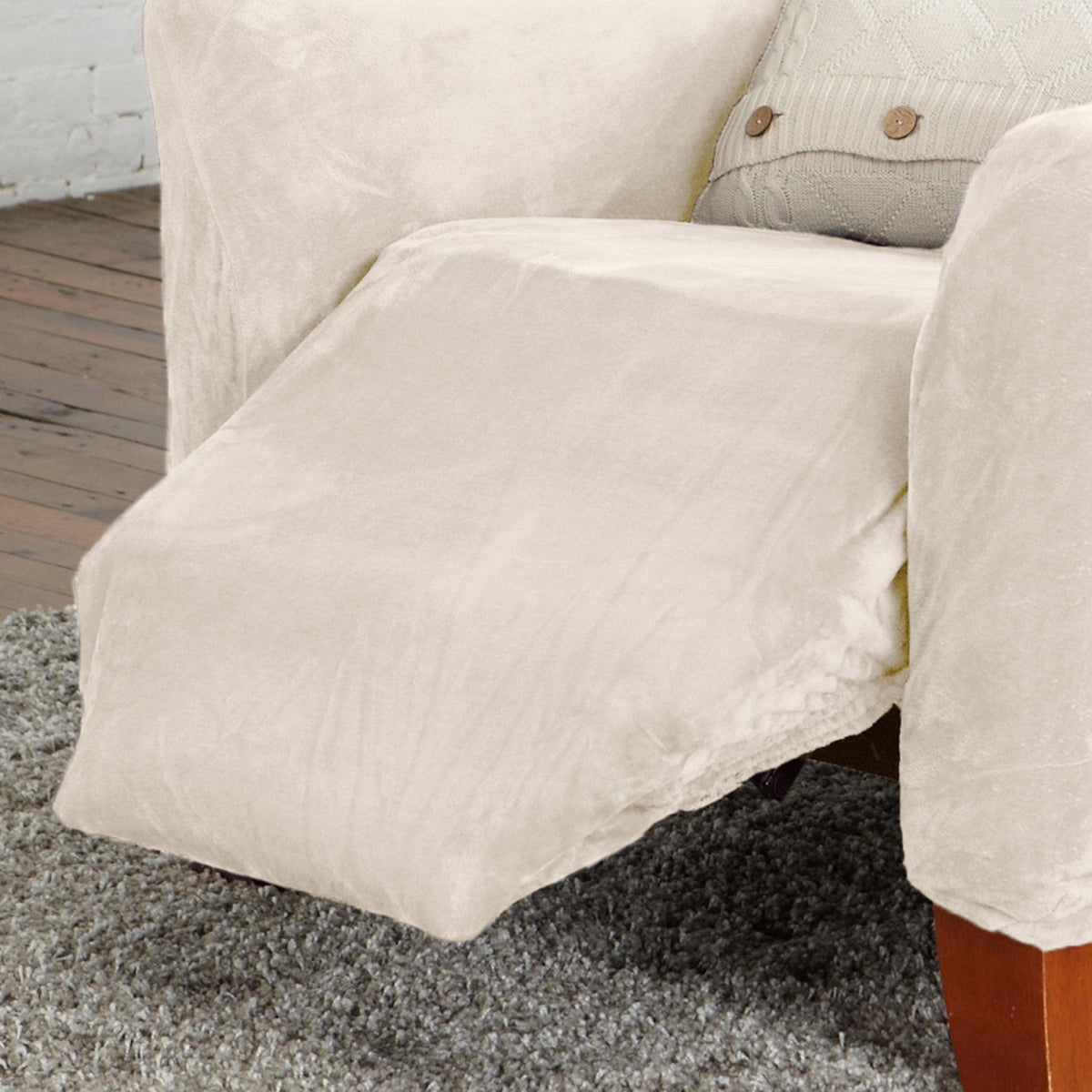 Velvet stretch slipcover Gale Collection in beige on sofa, Great Bay Home on Tampa Home & Garden Store