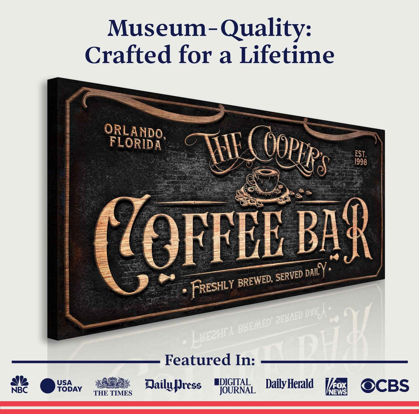 Canvas: Personalized Coffee Bar Sign V with copper-toned embossed lettering on dark board on Tampa Home & Garden Store